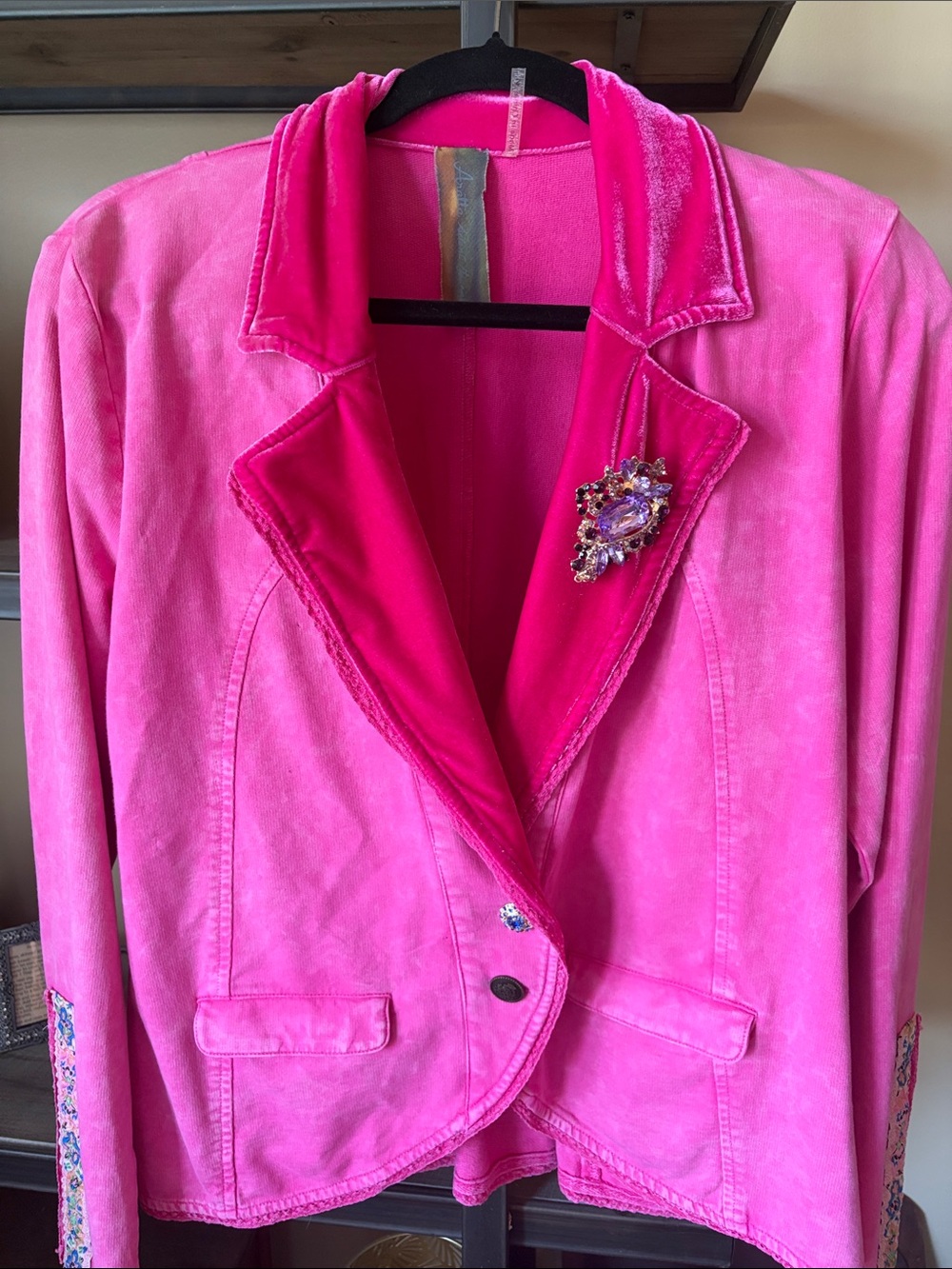 Aratta Bright Pink Velvet-Trim Blazer with Decorative Brooch